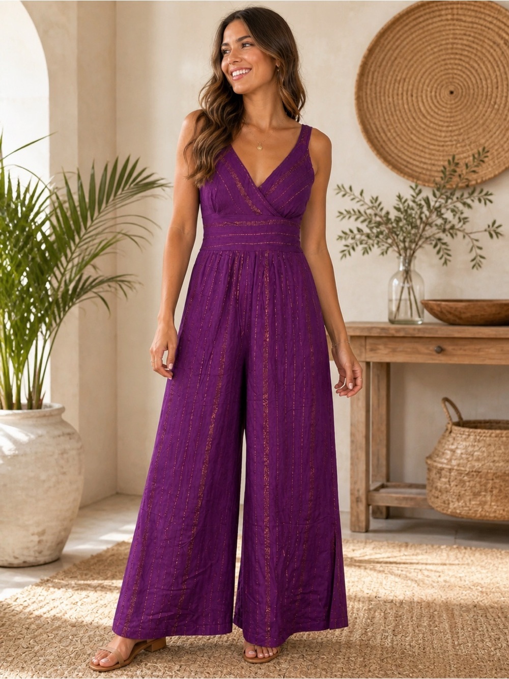 White Waves Purple Boho Wide Leg Jumpsuit Metallic Stripe S/M NWT